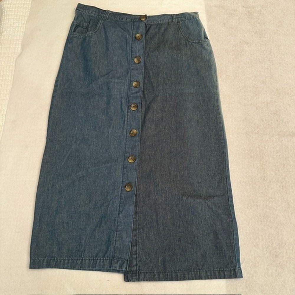 Vintage ARGEE Denim Midi Skirt Womens Small Dark Blue Button Front Straight 90s
